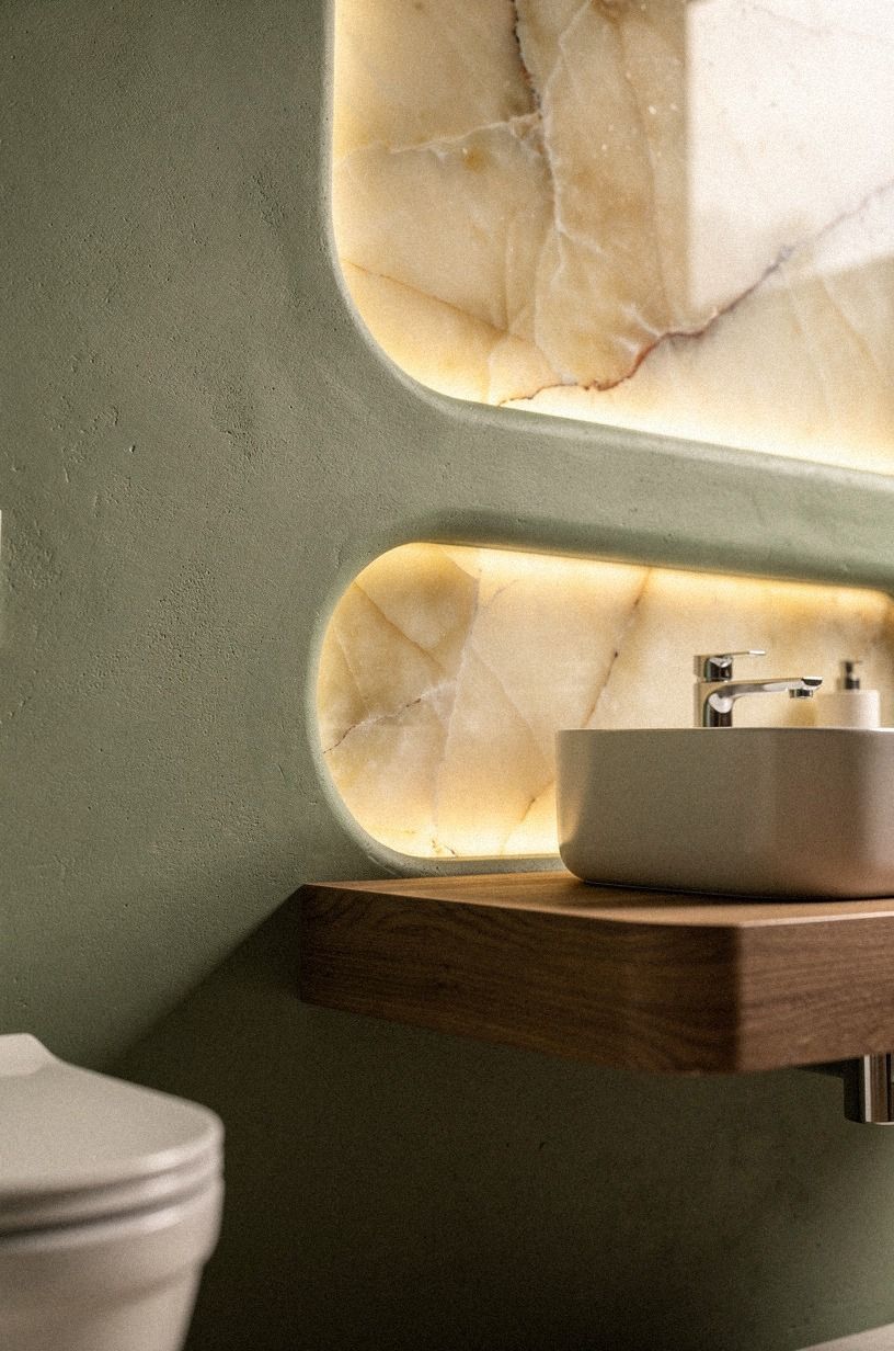 Float a warm microcement splash wall
