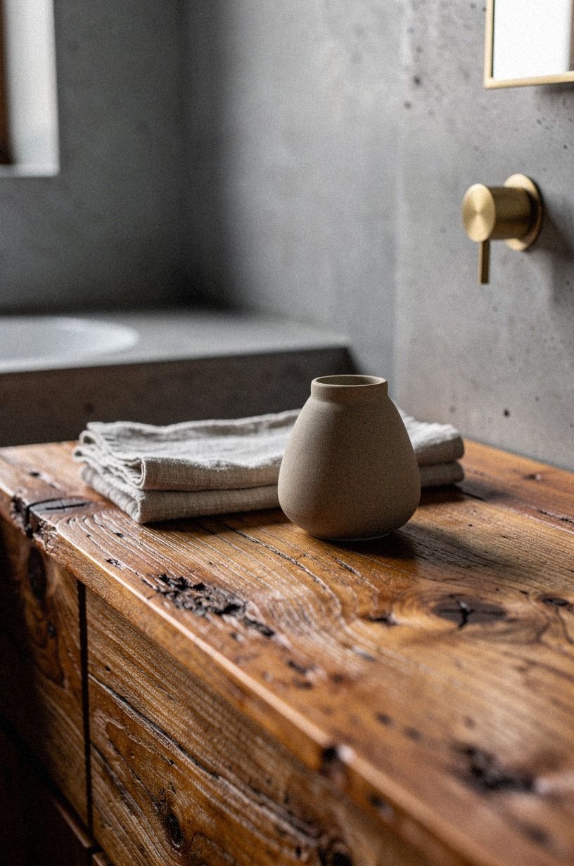 Put warm wood against cool gray cement walls