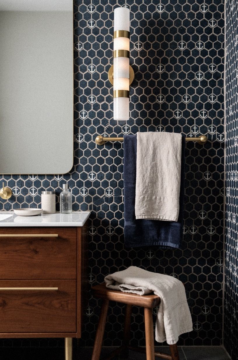 Anchor zellige tile design ideas with a Three-Height Light Stack