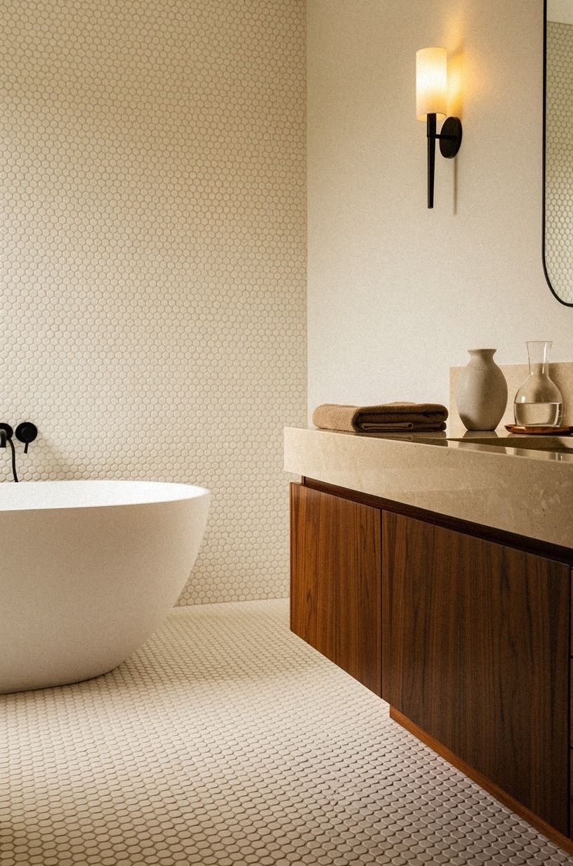 Contrast penny tile with a quiet stone ledge
