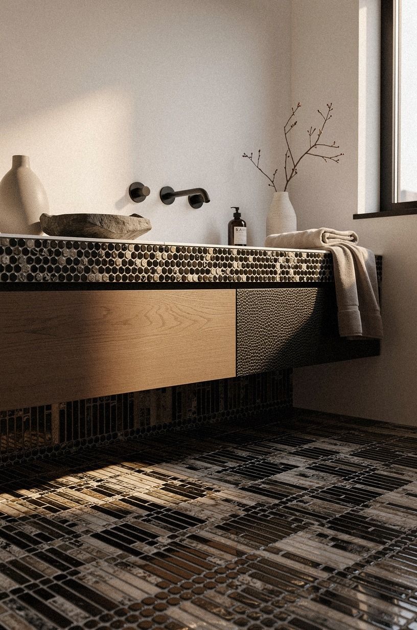 Mix Penny Pause mosaics under a dramatic vanity