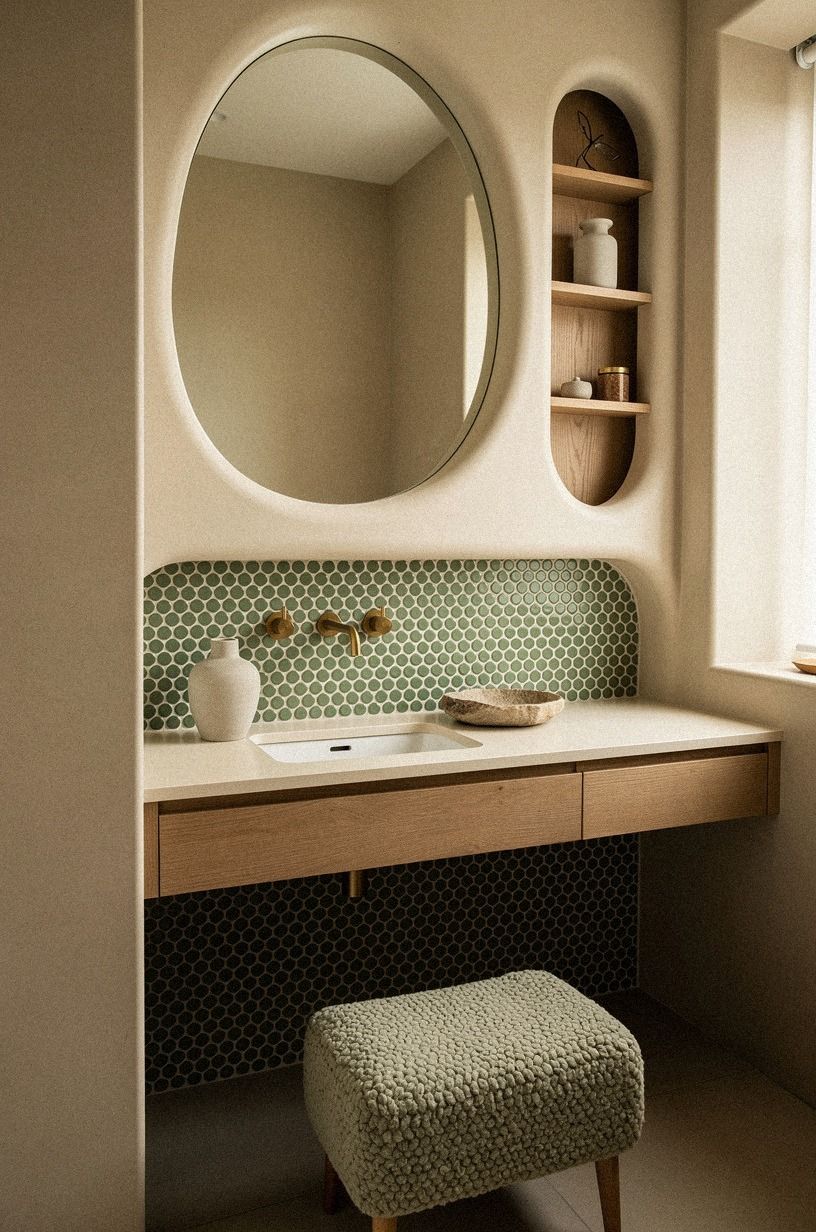 Swap tiny mosaic tile for penny rounds over the vanity