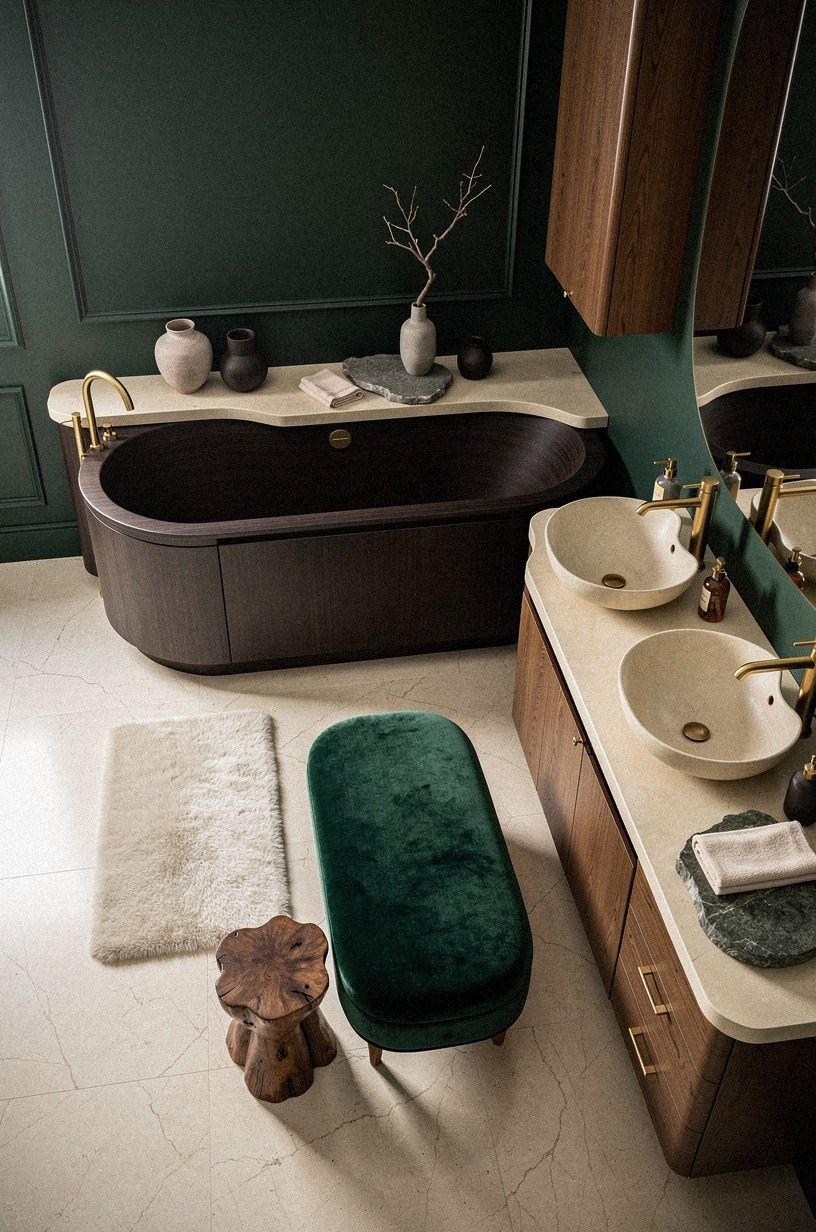 Mix the Two-Wood Rule for a darker master bath