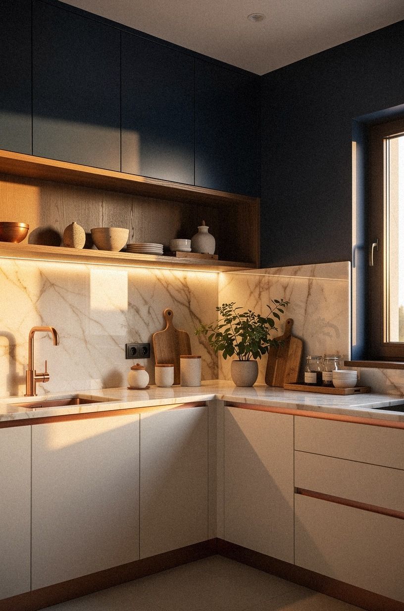 Paint the Long Walls to Stretch the Contemporary Kitchen Design