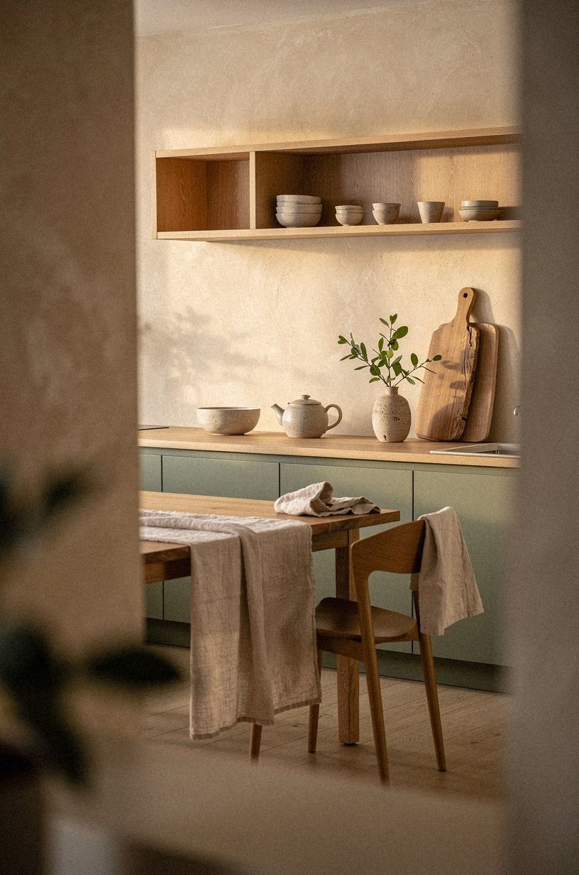 Layer modern wood kitchen design with soft textiles