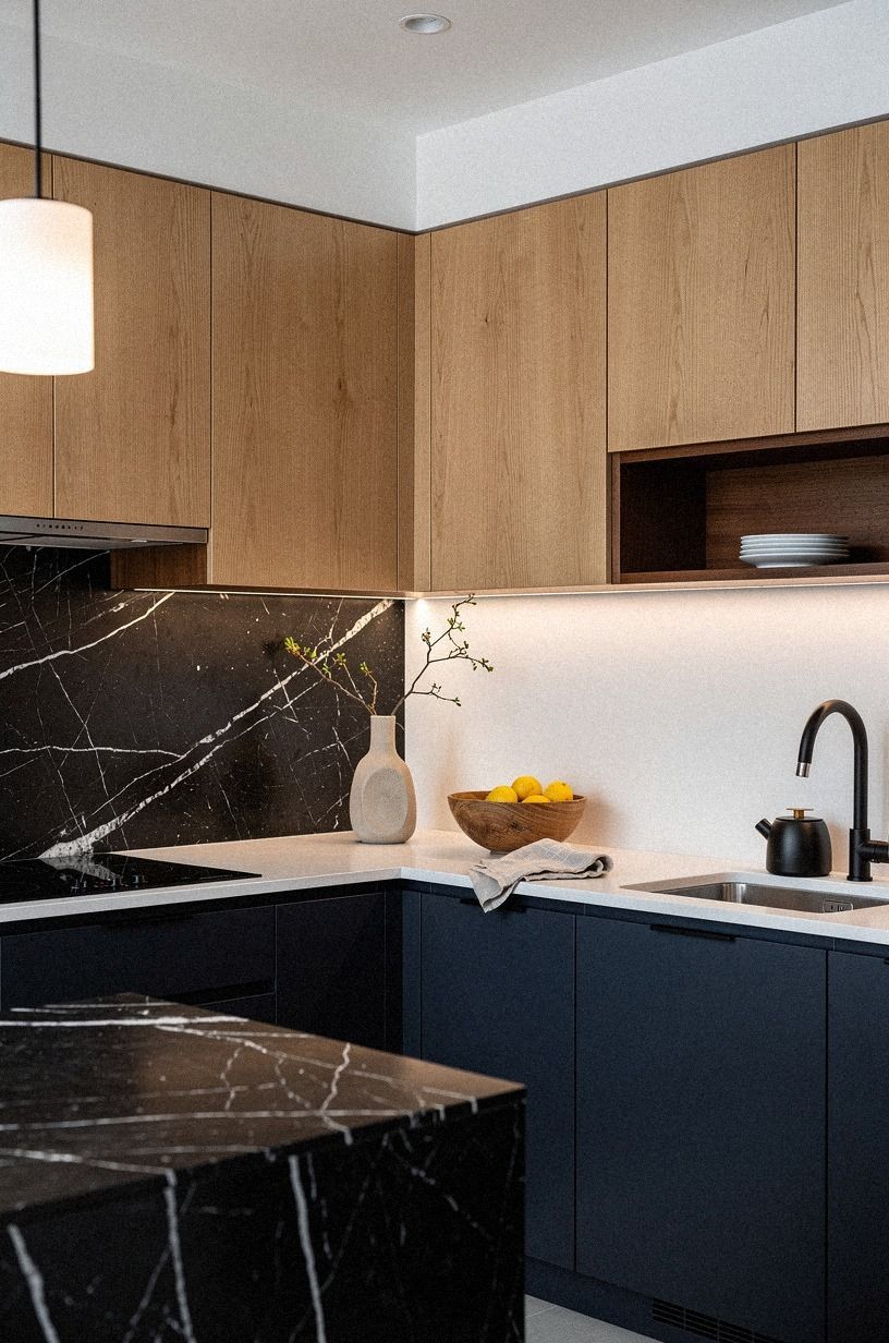 Make oak kitchen cabinets modern with one dark note