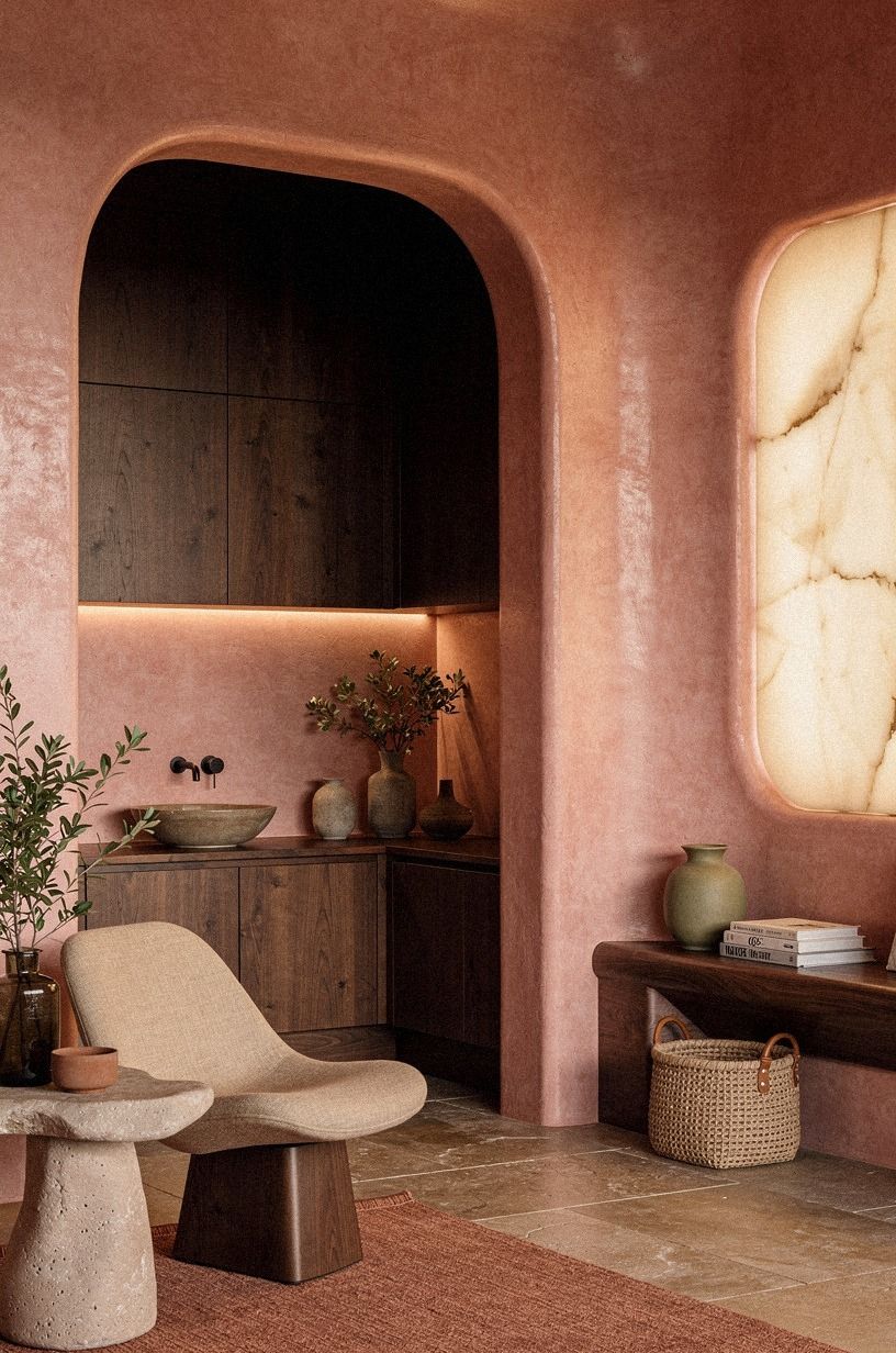 Pair Pink Tadelakt With Dark Walnut