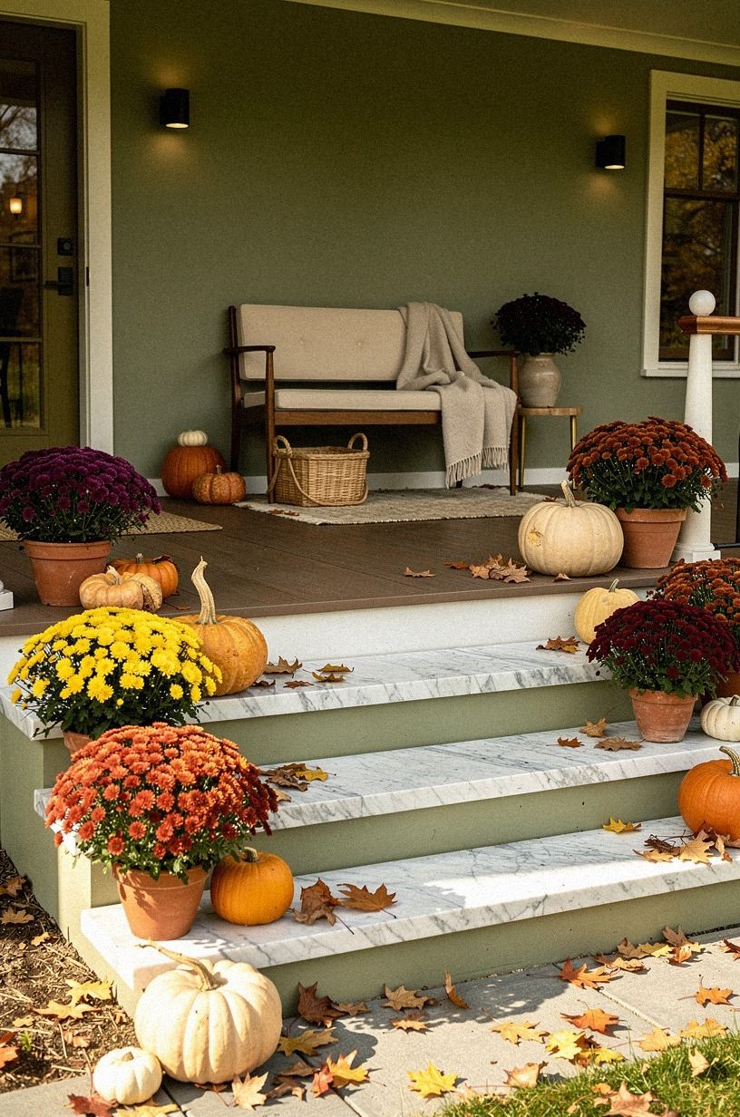 Layer fall mums porch front steps with the Three-Height Landing