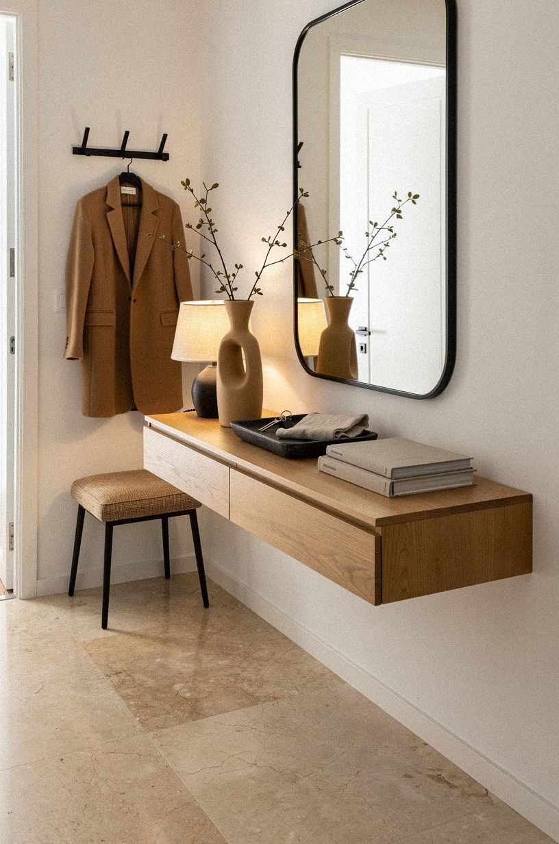 Float an oak console for a warmer front entrance inside