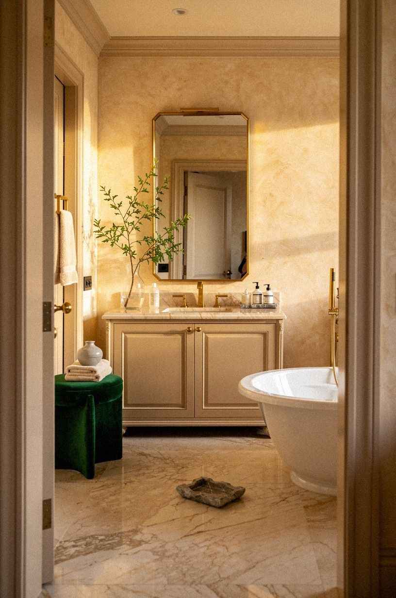 Choose a beige marble bathroom design with quiet veining