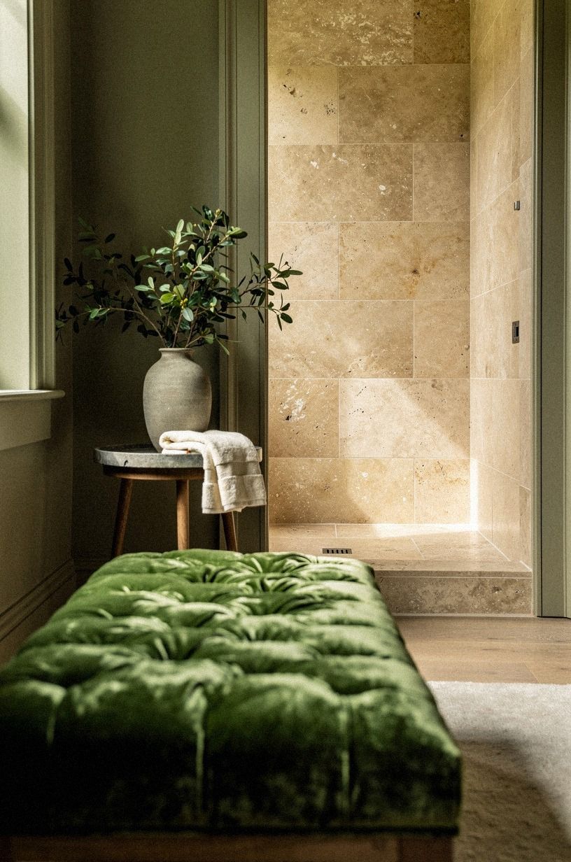 Choose limestone over stark white tile for a quieter shower