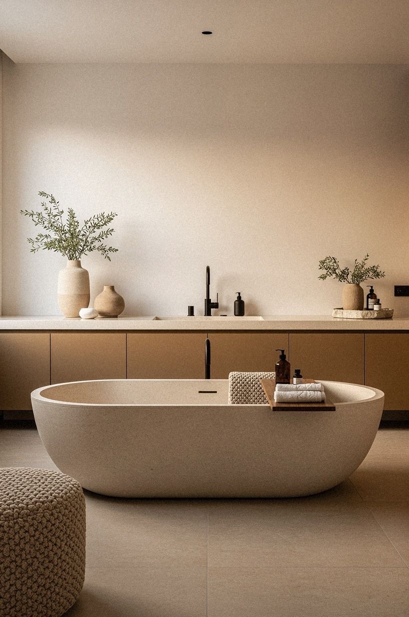 Float a modern beige bathroom with freestanding tub