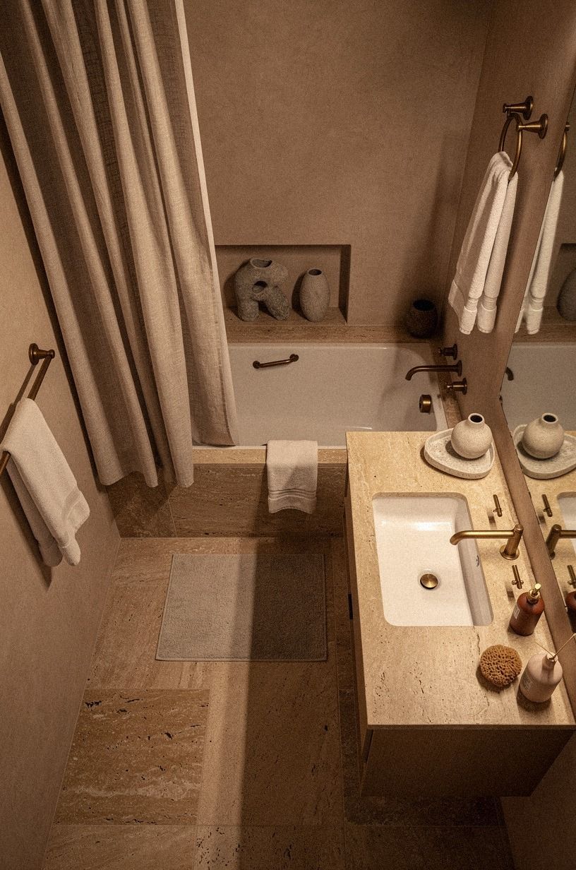 Layer a clay-and-linen base for natural tones bathroom