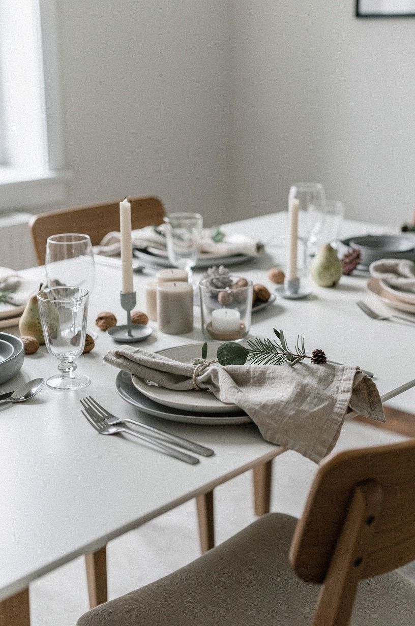 I made the holiday details quieter, sage green palette