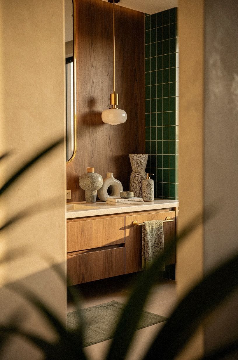 I let the wood carry the room, emerald palette