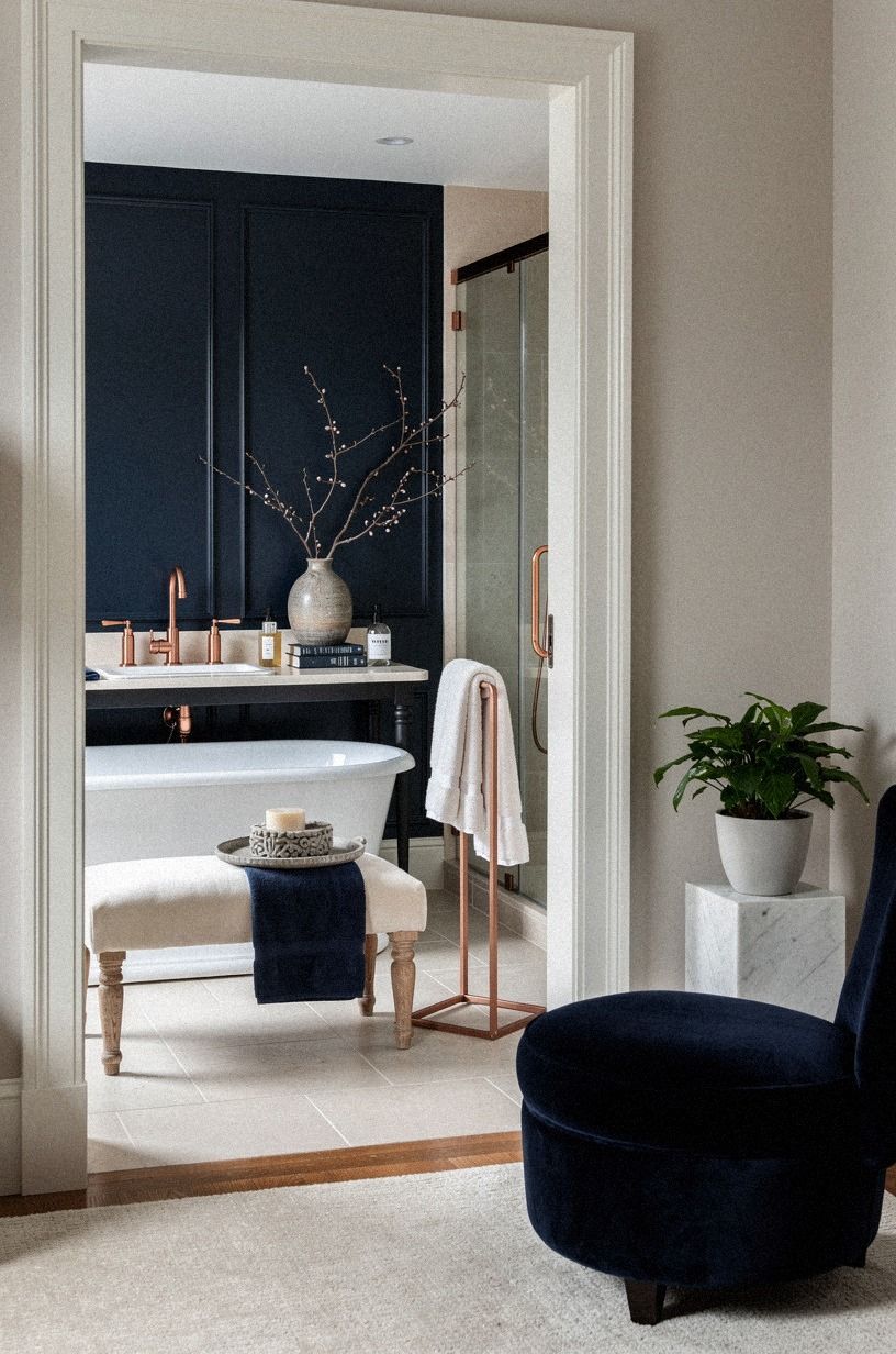 The bathroom now feels like part of the house, midnight blue palette