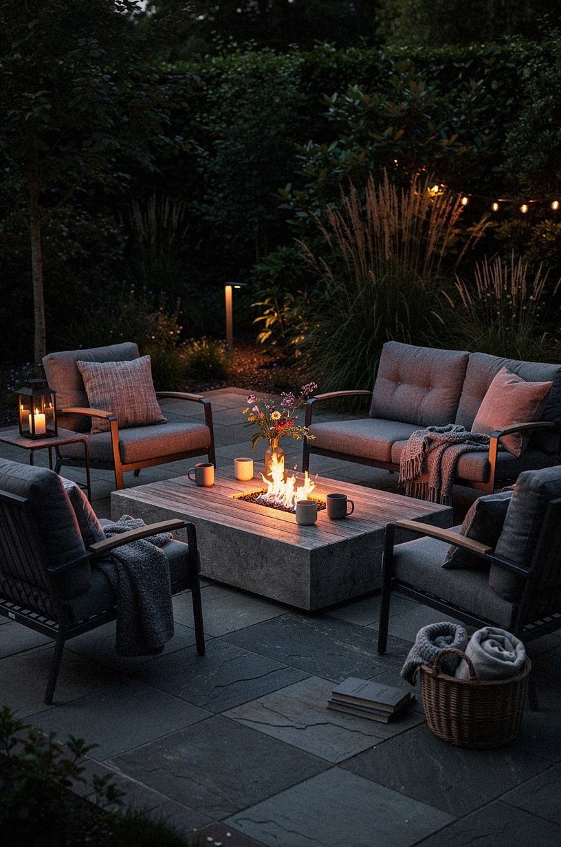 Test the outdoor sitting area with fire at night