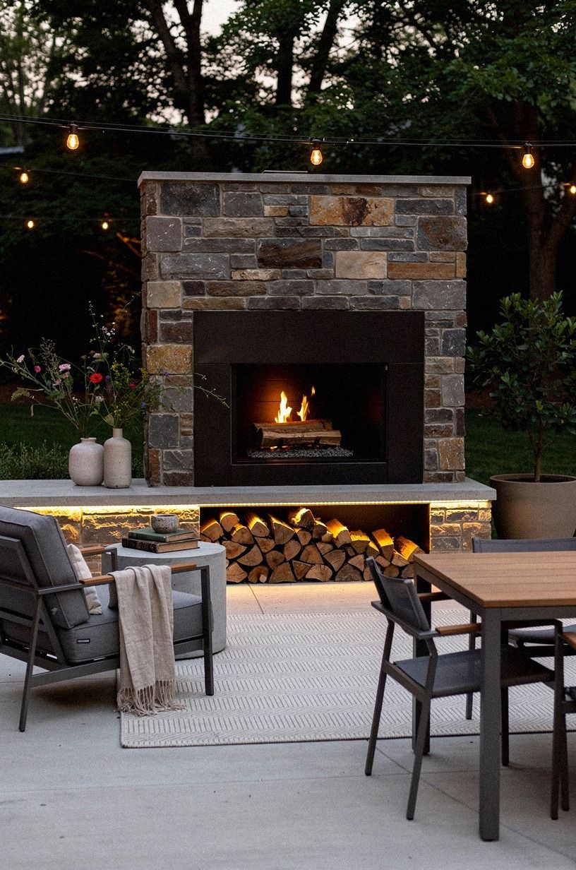 Mix Stone and Steel for Outdoor Wood Fireplace Ideas