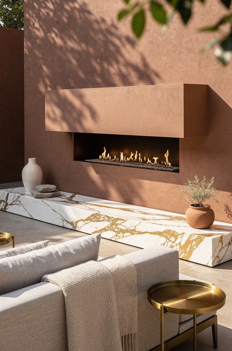 Float a Slim Outdoor Gas Fireplace Near the Wall