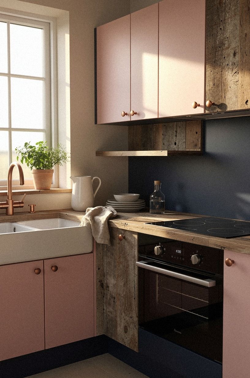 Mix Pink With Wood for a Pastel Country Kitchen