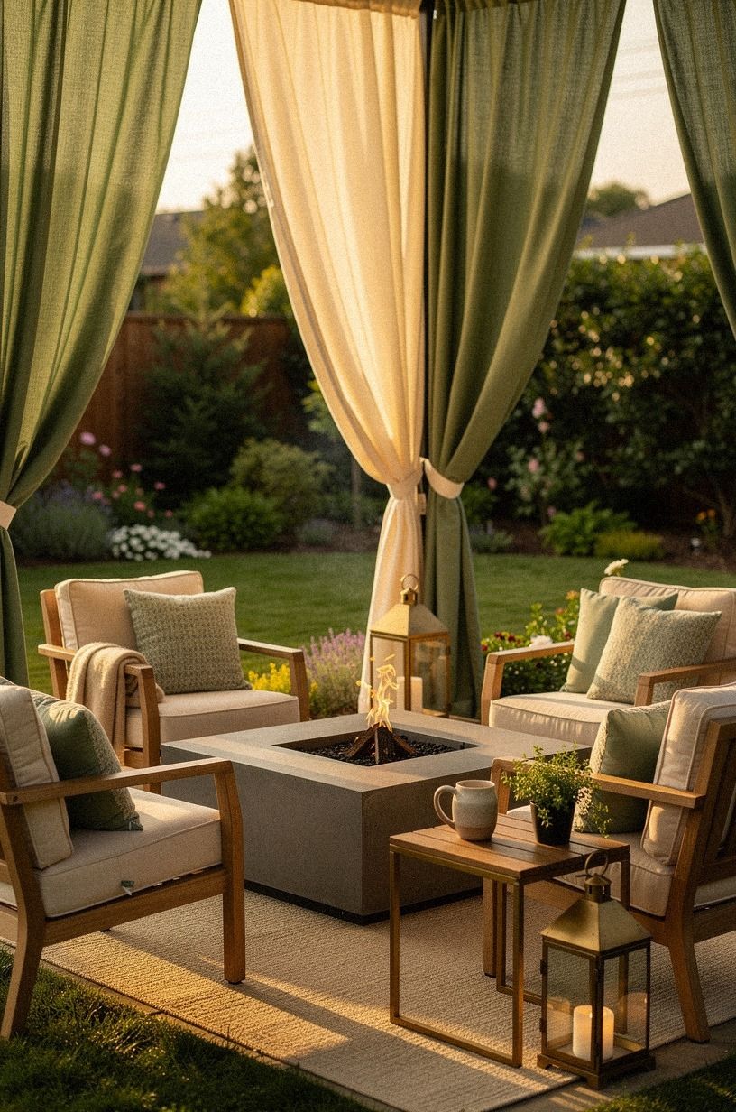 Hang curtains to soften a rental fire pit corner