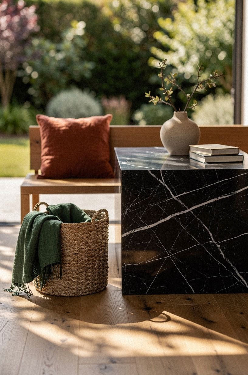 Stage the hearth zone with a storage basket