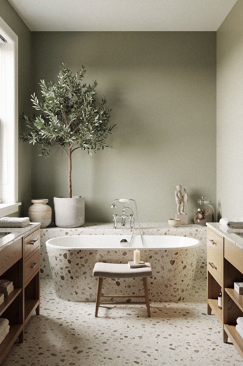 Layer an olive tree faux plant beside the tub