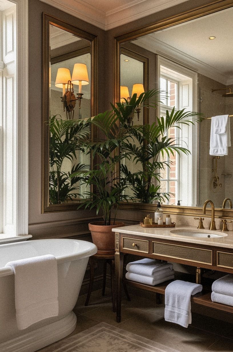 Why do plants in bathroom decor look real near the mirror?