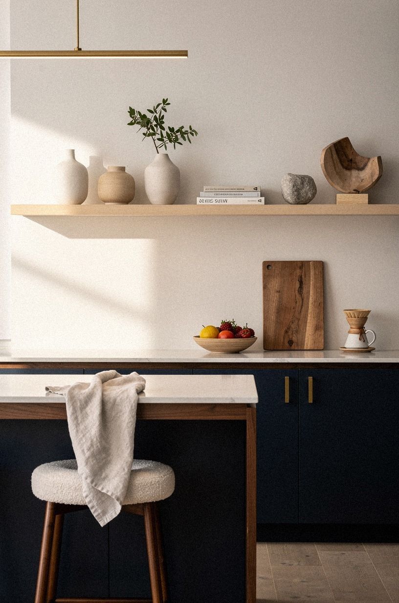 A pale oak shelf over the backsplash