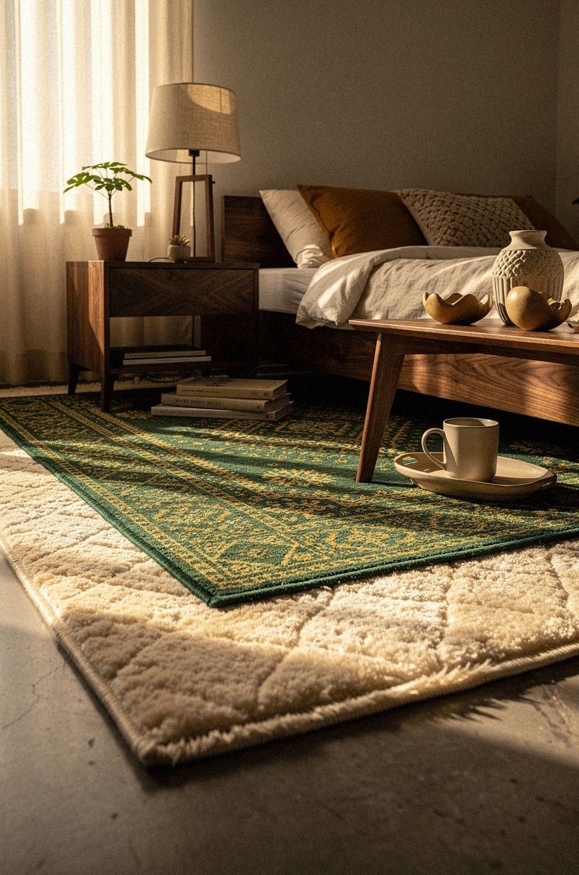 Create a soft floor landing with a layered bedroom rug