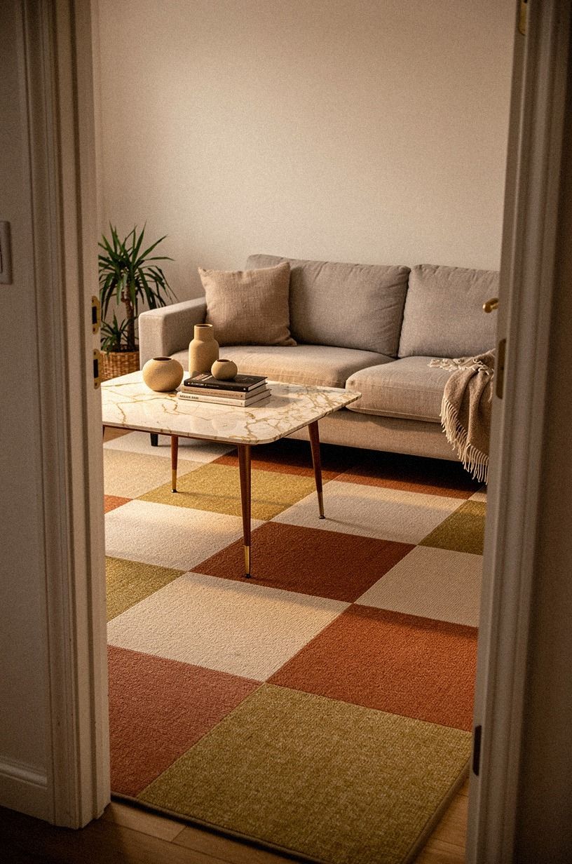 Float a modular carpet tile island for temporary flooring