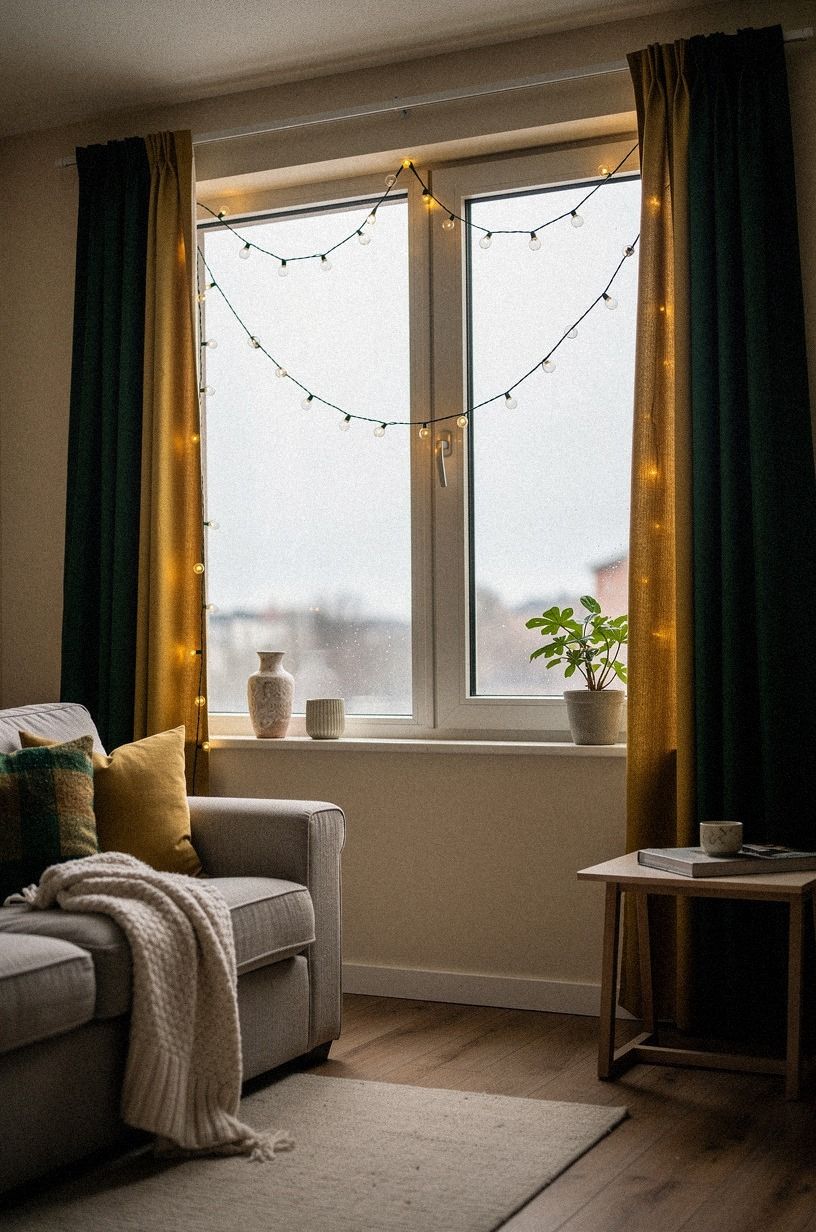 Hang suction cup Christmas lights in a soft arc