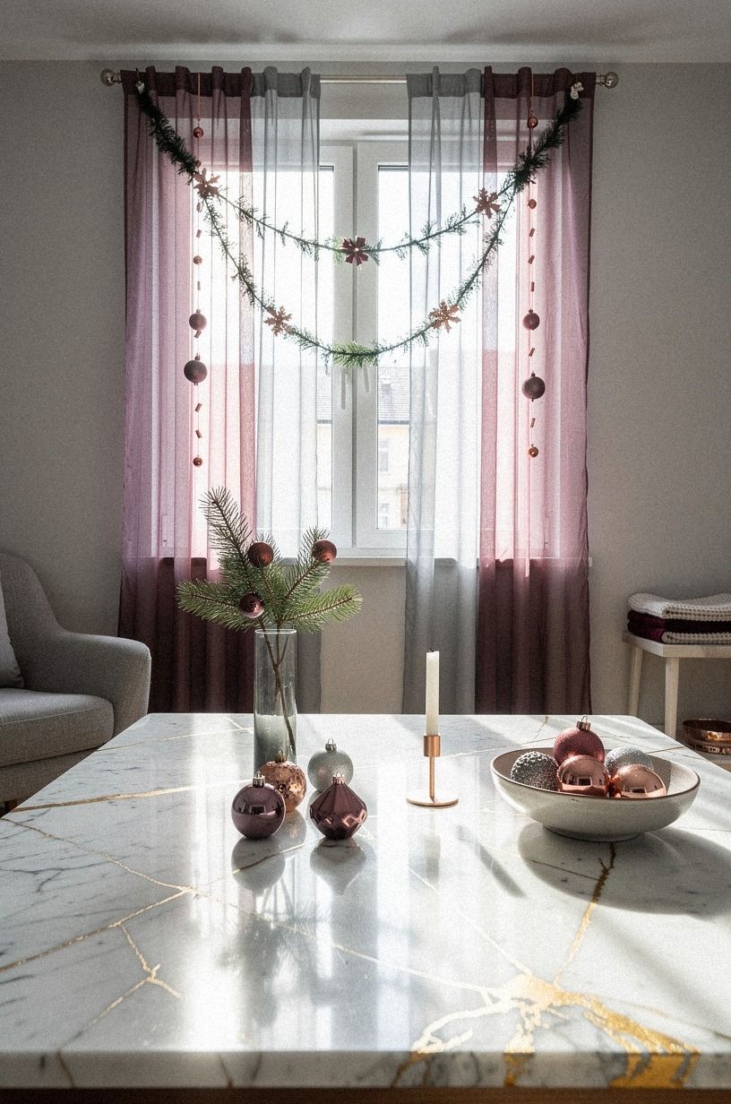 Layer a tension rod with apartment Christmas window ideas