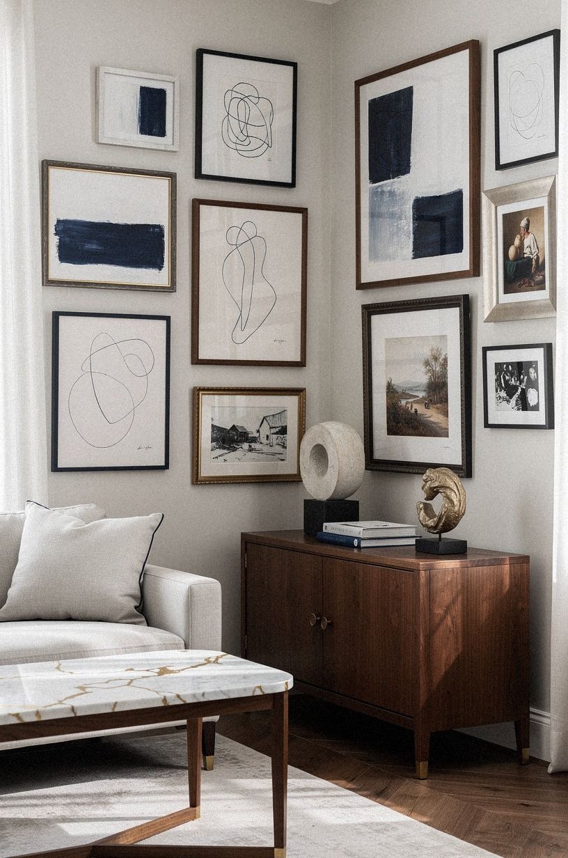 Let a corner art wall turn the layout