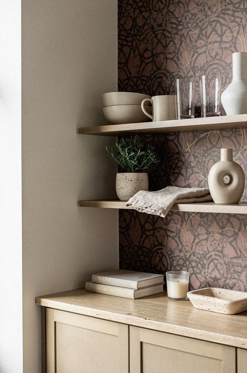 Layer Renter Friendly Peel and Stick Wallpaper Behind Open Shelves