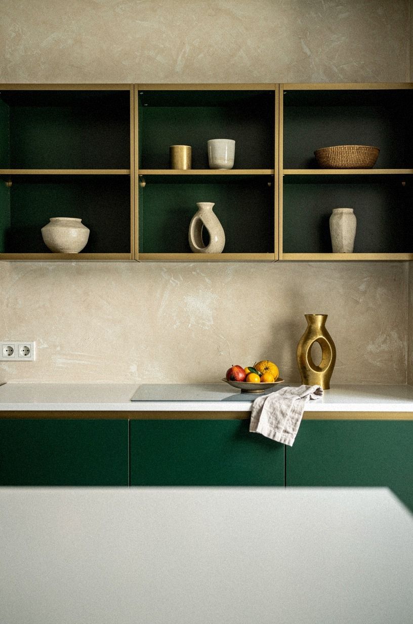 Open shelves over upper cabinets