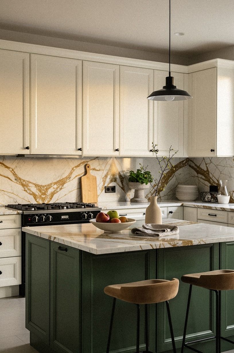 Pair green cabinets with warm white uppers