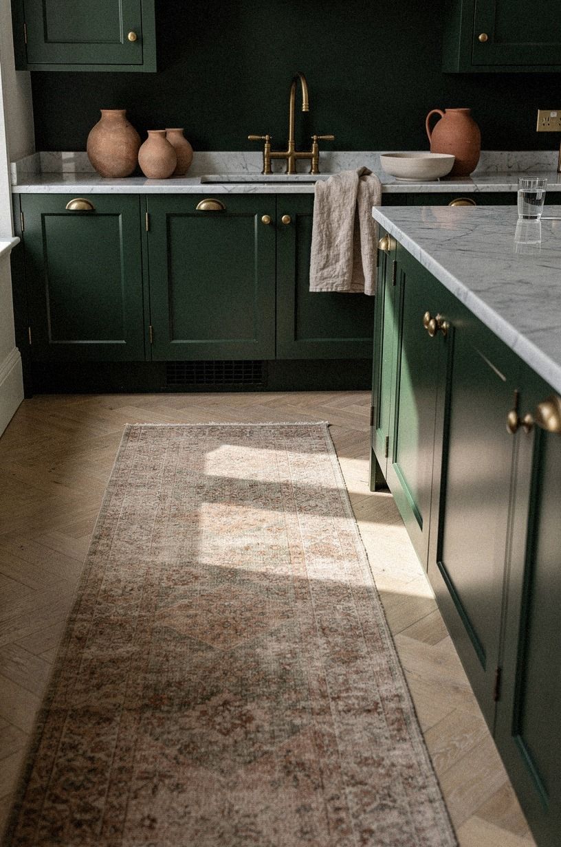 Anchor the dark green kitchen with a faded runner