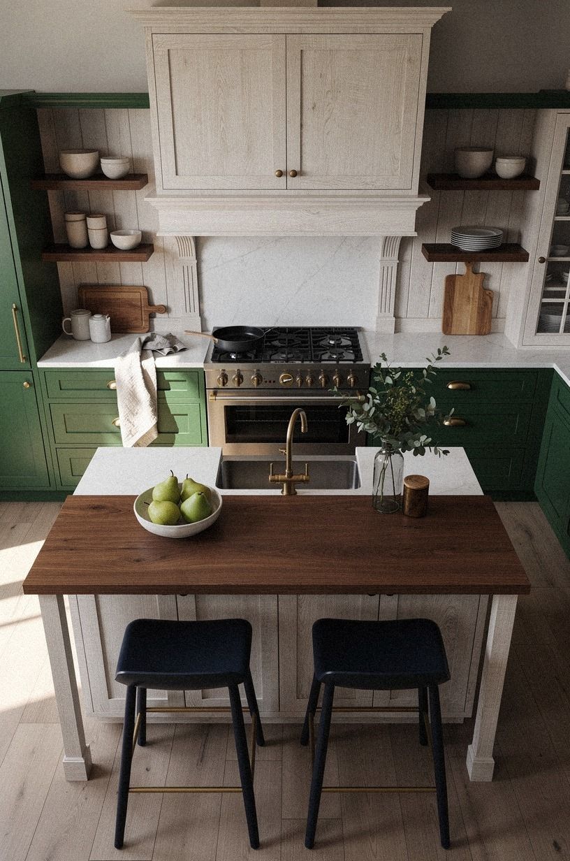Layer green kitchen cabinets with cerused white oak