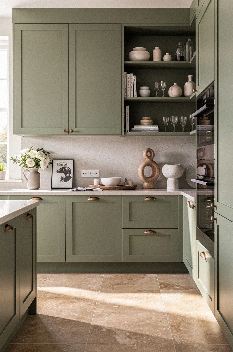 Paint the cabinets in Sherwin-Williams Evergreen Fog