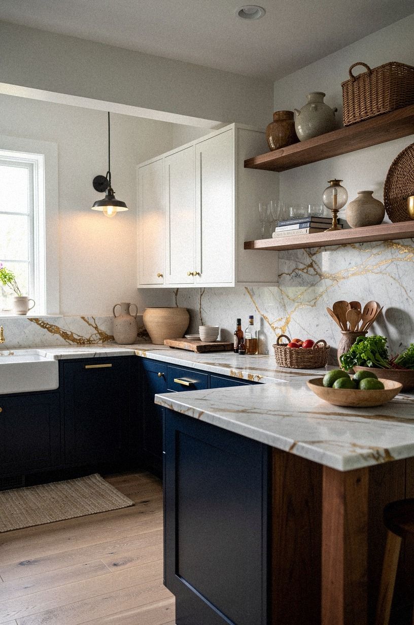 Style the farmhouse kitchen, not white, with collected pieces