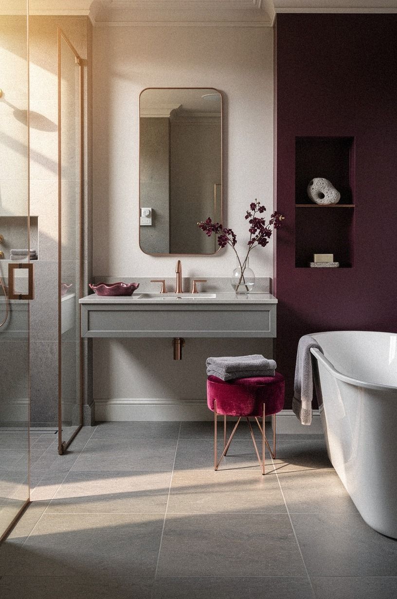 I Kept the Vanity Quiet and the Floor Visible, plum palette