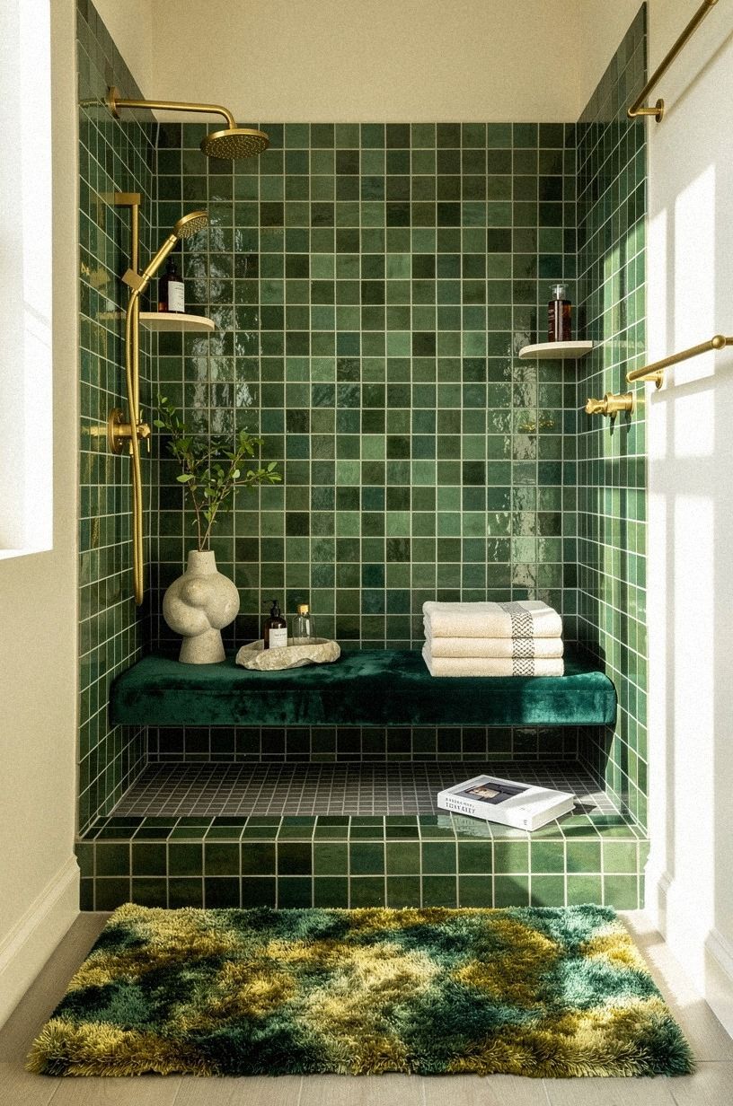 Choose Green Over Gray for a Softer Square Tile Shower