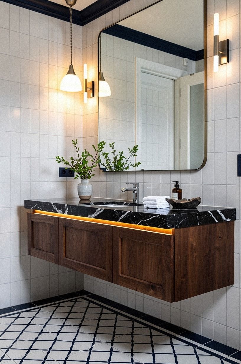 Float a Vanity Under a Tile Wall Bathroom