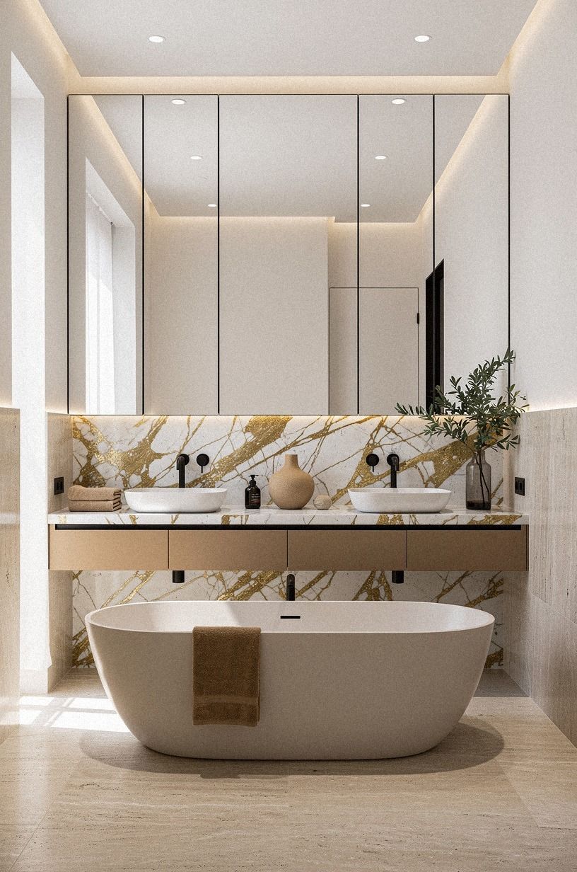 Mix Glossy Faces With Honed Travertine