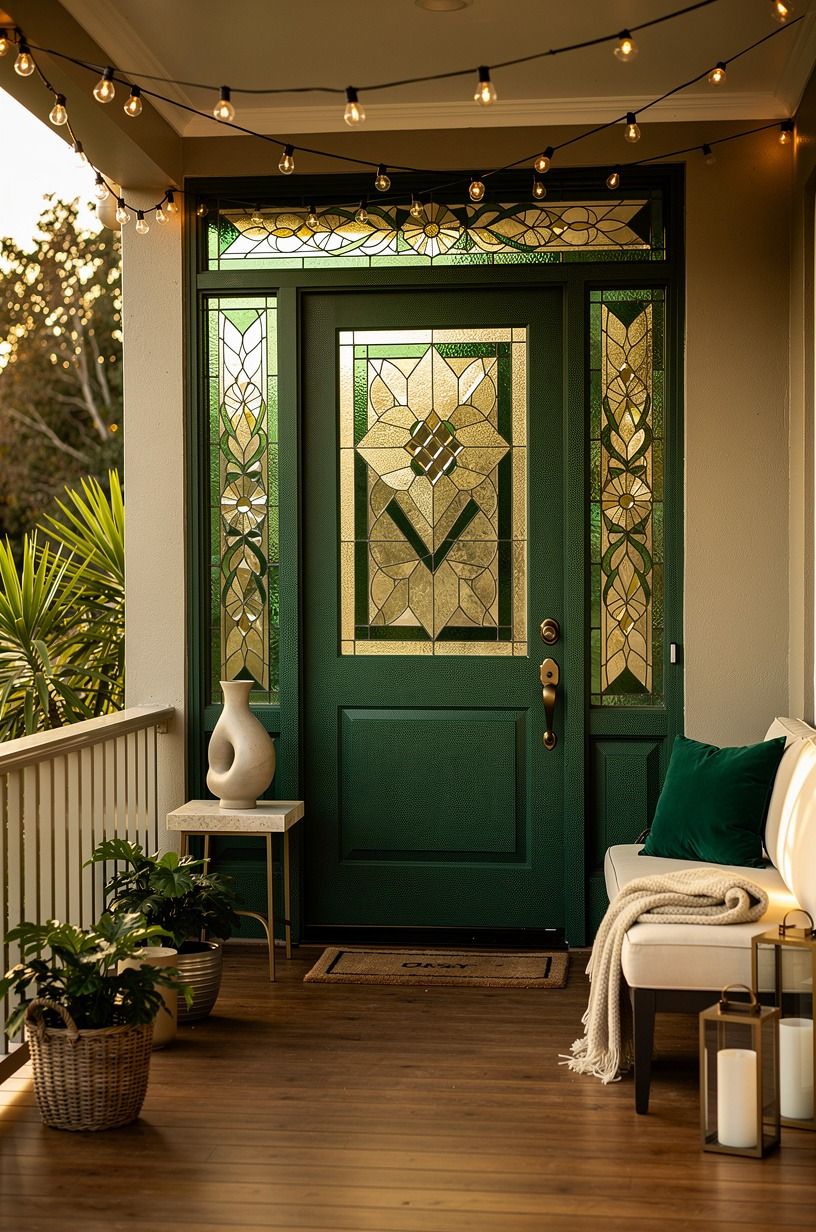Frame the stained glass front door exterior around one color