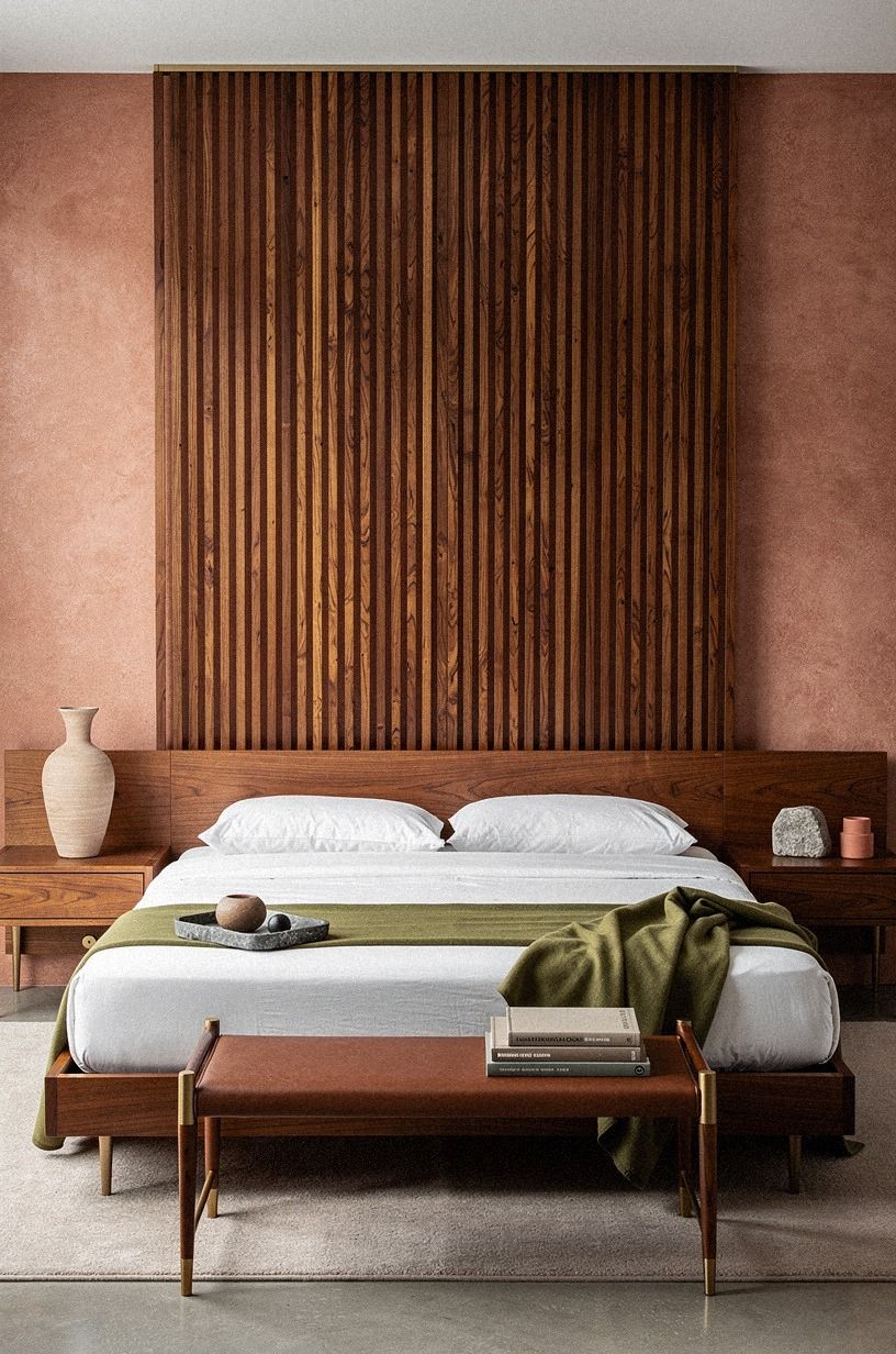 Swap open shelves for a slatted wood screen