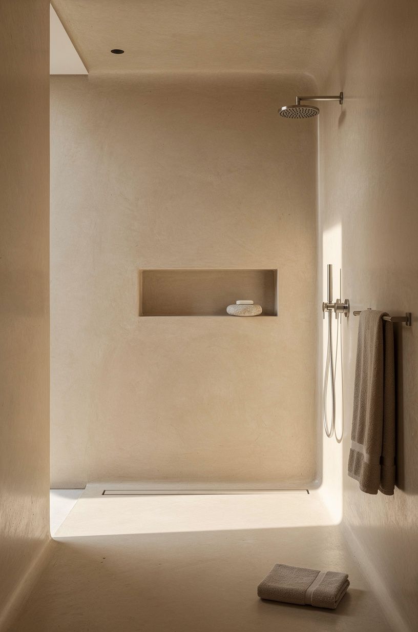 Float the vanity beneath a lime plaster shower wall