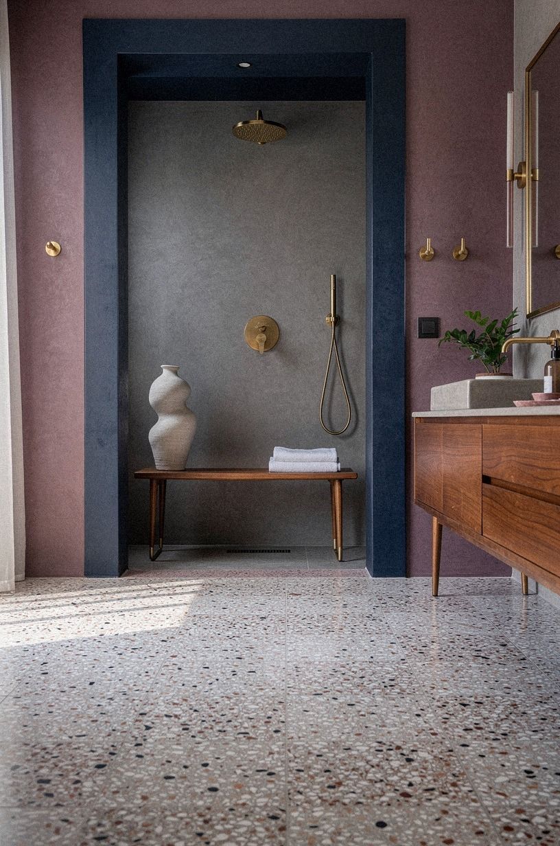 Frame the tadelakt shower with a deep blue niche