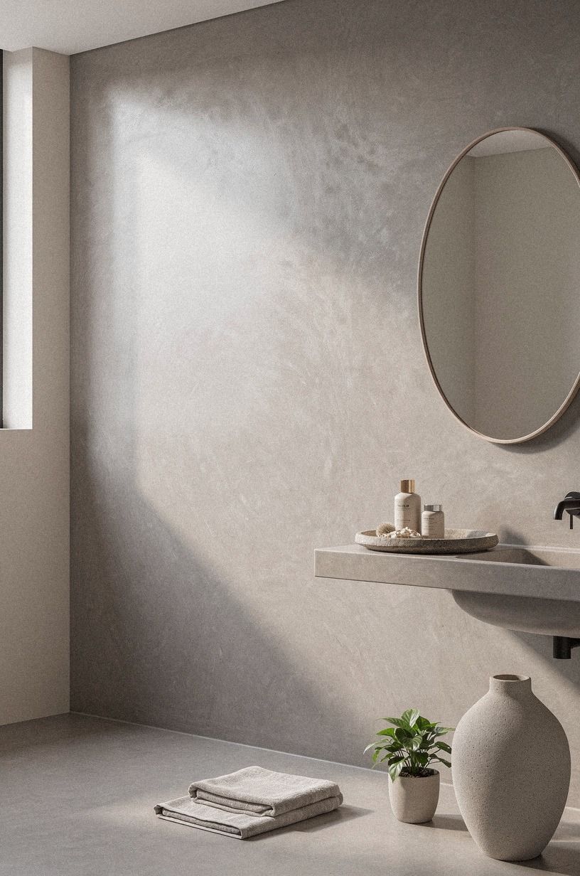 Hang a round mirror over the no-grout wall